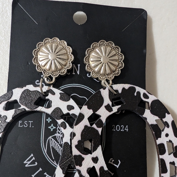 Black and White Cow Print Earrings - Picture 3 of 6